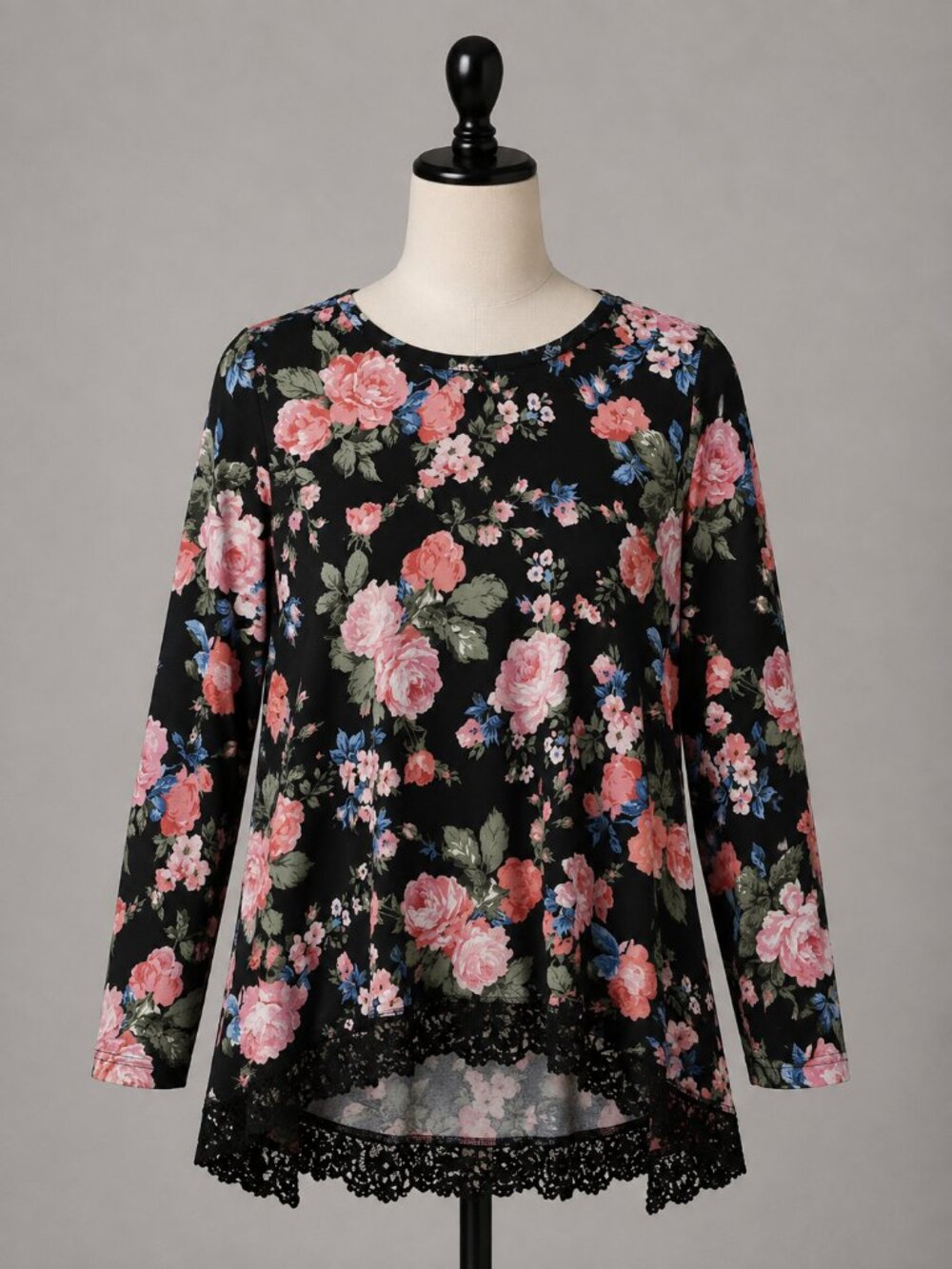 Agnes Orinda Blouse Black Floral Lace Trim Long Sleeve High Low Hem Tunic 1X